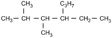 CH3-CH-CH-CH-CH2-CH3. CH3 is attached to the top of the second C in the chain. CH3 is attached to the bottom of the third C in the chain. C3H7 is attached to the top of the fourth C in the chain.